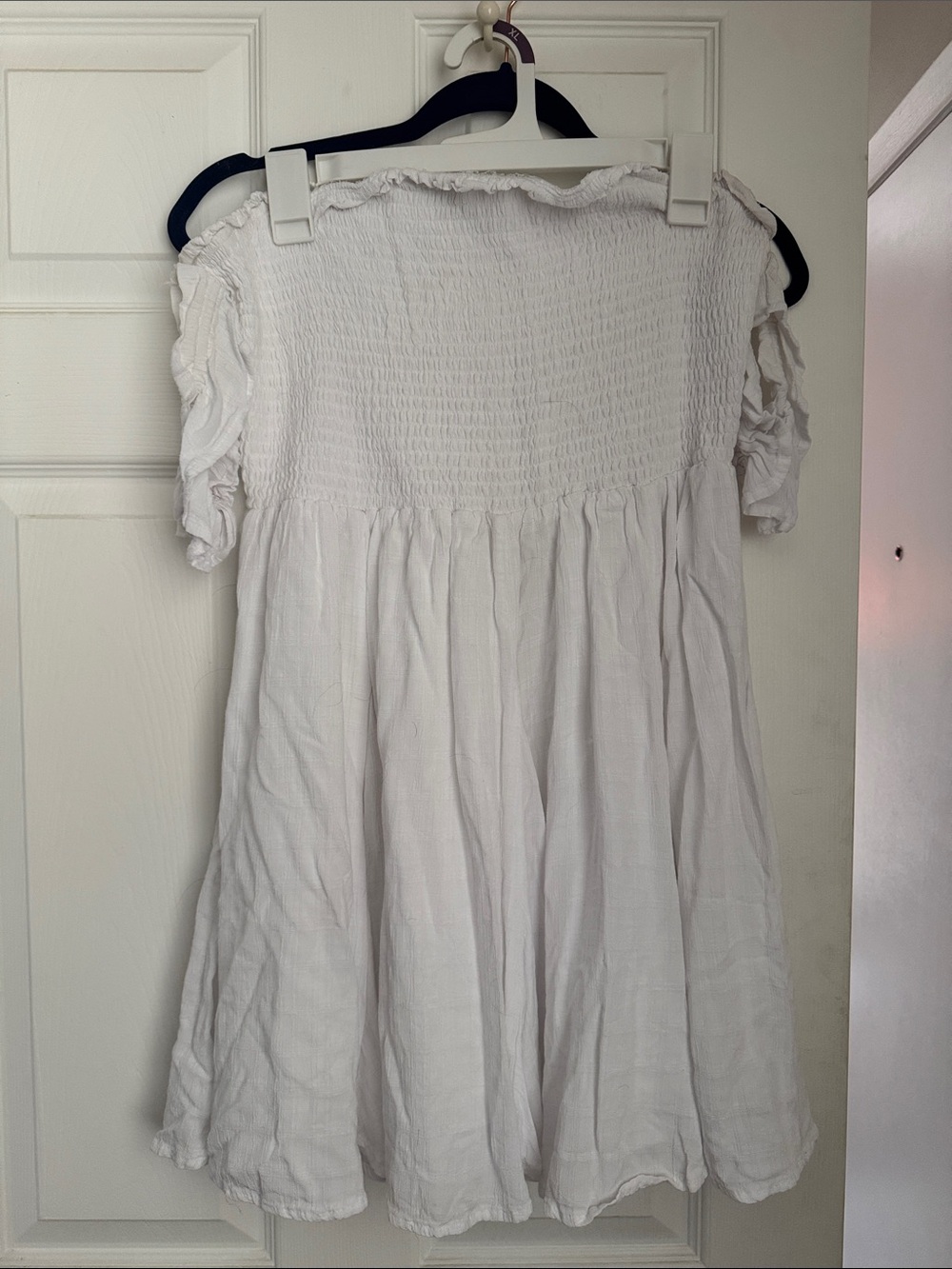 American Eagle Outfitters White Off-Shoulder Smocked Mini Dress